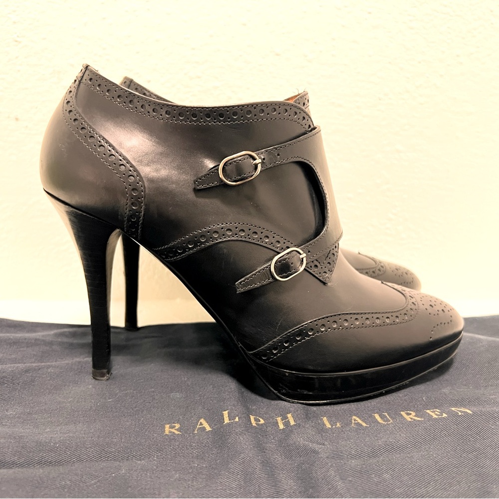 Ralph Lauren Purple Label Monk Strap Vilinda Bootie Heels Oxford Black